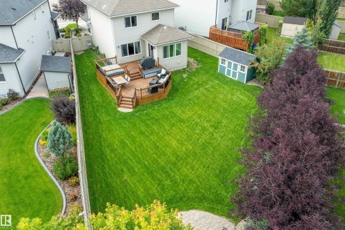 Expansive backyard with a multi-level wood deck, manicured lawn, stone paver patio, mature landscaping, and an exterior shed - 3922 Agar Court Sw, Edmonton, AB - Outdoor