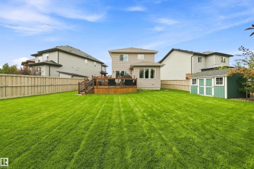 Expansive lawn with a wood privacy fence, multi-level wood deck, and a detached storage shed - 3922 Agar Court Sw, Edmonton, AB - Outdoor With Backyard With Exterior
