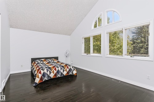 Vaulted ceiling, dark wood-finish flooring, multiple windows, arched transom windows, and white trim - 6016 177 Street Nw, Edmonton, AB - Indoor Photo Showing Bedroom