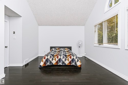Vaulted ceiling with dark wood-finish flooring, white trim, and arched window - 6016 177 Street Nw, Edmonton, AB - Indoor