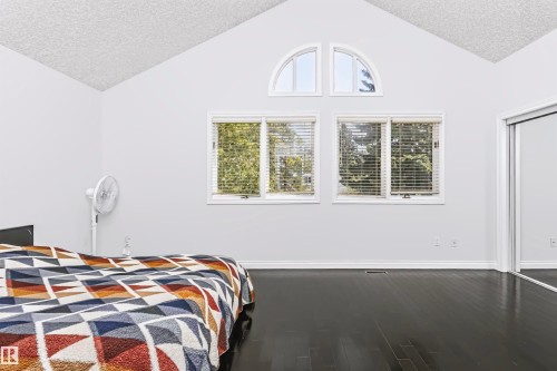Vaulted ceiling with textured finish, dark wood-finish flooring, multiple windows with arch-top transoms, and mirrored sliding closet doors - 6016 177 Street Nw, Edmonton, AB - Indoor Photo Showing Bedroom