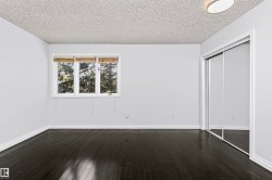 Dark wood-finish flooring, white walls, triple window with natural light, mirrored sliding closet doors, and a flush-mount ceiling light - 