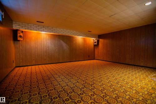 Spacious room featuring wood paneling, a light-colored brick accent, and patterned carpet flooring - 11131 52 Street Nw, Edmonton, AB - Indoor Photo Showing Other Room