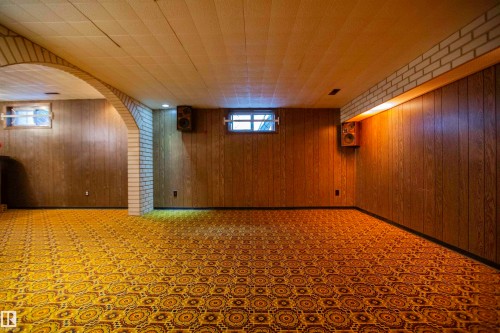 Finished space featuring wood-panel walls, patterned carpet flooring, and a drop ceiling - 11131 52 Street Nw, Edmonton, AB - Indoor Photo Showing Other Room