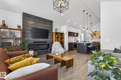 Vaulted ceilings, wood-finish flooring, and a linear electric fireplace with a wood-paneled accent wall - 