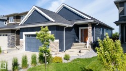 Exterior featuring dark blue siding, white trim, stone accents, and a paved driveway - 