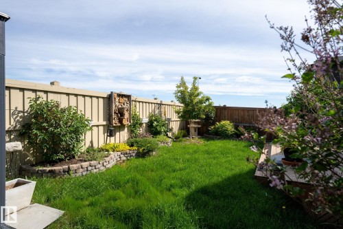 Manicured lawn with a privacy fence, curved stone retaining wall, and established garden beds - 45 Evermore Crescent, St. Albert, AB - Outdoor