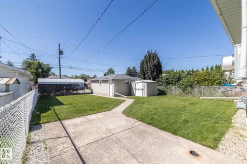 Expansive backyard with a manicured lawn, concrete pathway, and chain link fencing - 12322 94 Street Nw, Edmonton, AB - Outdoor