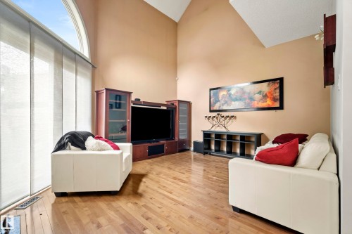 Vaulted ceiling, wood-finish flooring, arched window with vertical blinds. - #25 3811 85 St Nw, Edmonton, AB - Indoor Photo Showing Other Room