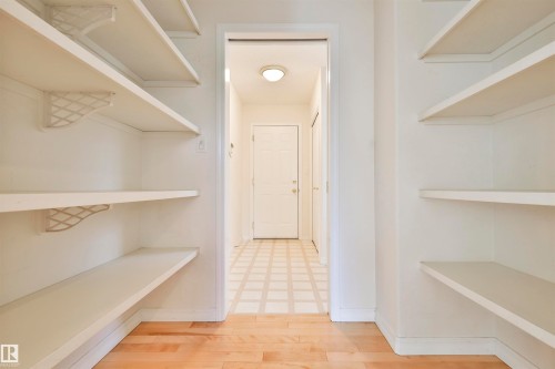 Light wood-finish flooring, built-in shelving, white walls, and a recessed ceiling light - 237 Darlington Crescent Nw, Edmonton, AB - Indoor With Storage