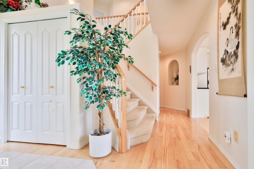 Hardwood flooring, carpeted staircase with wood handrail, built-in wall niche, arched entryway, and paneled bifold doors - 237 Darlington Crescent Nw, Edmonton, AB - Indoor Photo Showing Other Room
