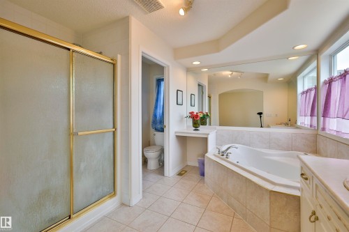 Tiled flooring leading to an encased soaking tub, a mirrored wall, and a shower with a gold-finish frame and frosted glass - 237 Darlington Crescent Nw, Edmonton, AB - Indoor Photo Showing Bathroom