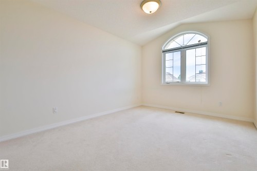 Arched window with gridded panes, overhead dome light fixture, and light-toned wall-to-wall carpeting - 237 Darlington Crescent Nw, Edmonton, AB - Indoor Photo Showing Other Room