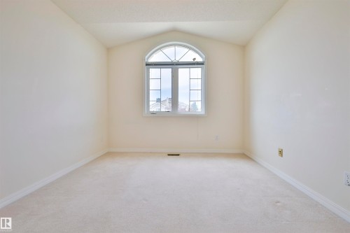 Arched window with gridded panes, sloped ceiling, and plush wall-to-wall carpeting - 237 Darlington Crescent Nw, Edmonton, AB - Indoor Photo Showing Other Room