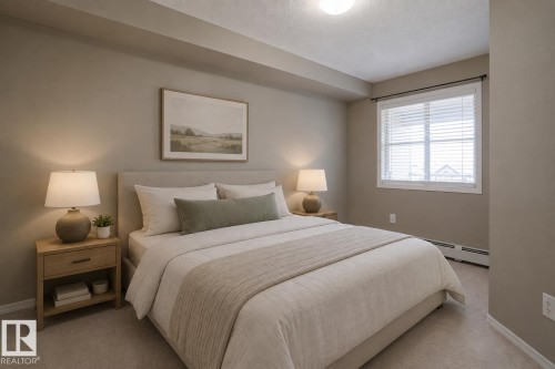 Plush carpet flooring, a large window with blinds, and a built-in overhead light fixture - #321 270 Mcconachie Dr Nw, Edmonton, AB - Indoor Photo Showing Bedroom