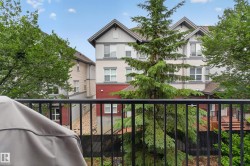 Black metal balcony railing with surrounding mature trees - 