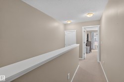 Carpeted hallway with neutral wall tones and white trim - 