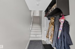 Staircase with carpeted treads and white handrail leading to an upper level - 