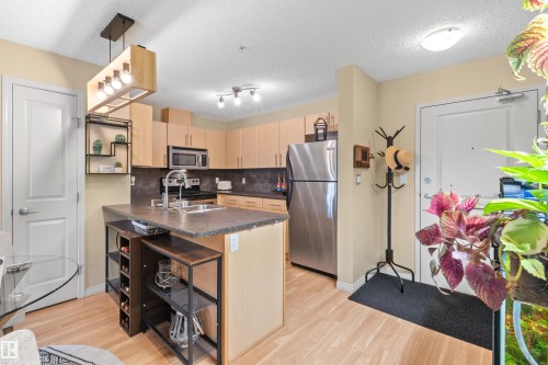 Kitchen featuring stainless steel appliances, wood-finish cabinetry, dark countertops, and a full-height backsplash - #209 103 Ambleside Drive Sw, Edmonton, AB - Indoor Photo Showing Kitchen With Double Sink