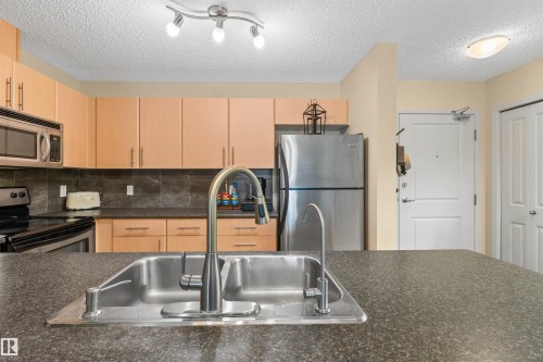 Kitchen featuring a stainless steel double-basin sink, dark stone-finish countertops, light wood-finish cabinetry, stainless steel appliances, and track lighting - #209 103 Ambleside Drive Sw, Edmonton, AB - Indoor Photo Showing Kitchen With Double Sink