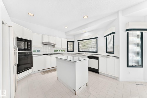 Bright kitchen with white cabinetry, a central island, integrated appliances, and multiple windows - 209 Carmichael Close Nw, Edmonton, AB - Indoor Photo Showing Kitchen