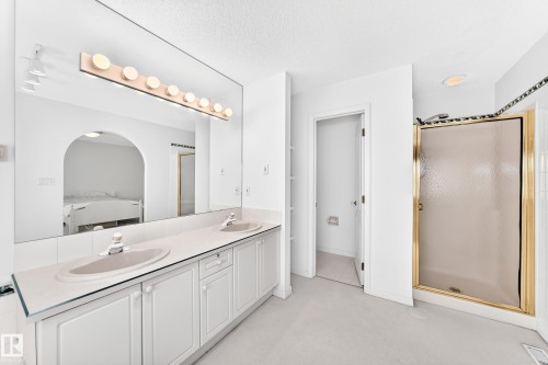 Double vanity with integrated sinks, full-width mirror, track lighting fixture, and a glass-enclosed shower with a gold-tone frame - 209 Carmichael Close Nw, Edmonton, AB - Indoor Photo Showing Bathroom