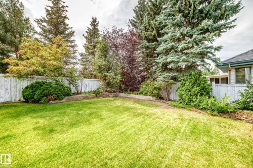 Expansive rear yard featuring a manicured lawn, established landscaping, privacy fencing, and mature trees - 209 Carmichael Close Nw, Edmonton, AB - Outdoor