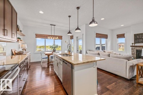58 Ellice Bend, Fort Saskatchewan, AB - Indoor Photo Showing Kitchen With Fireplace With Double Sink With Upgraded Kitchen