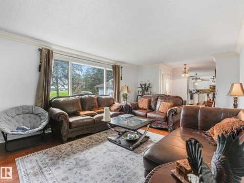 Hardwood-finish flooring, crown molding, and expansive windows - 10912 5 Avenue Sw, Edmonton, AB - Indoor Photo Showing Living Room
