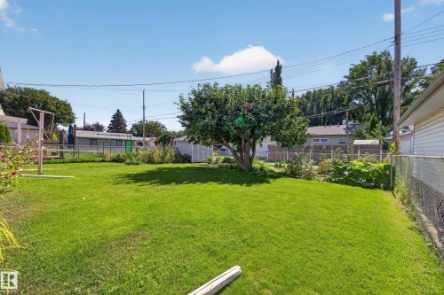 Expansive grassy yard with mature trees and perimeter fencing - 5207 48 Avenue, Leduc, AB - Outdoor