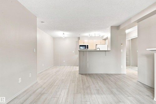Wood-finish flooring throughout - #117 17011 67 Av Nw, Edmonton, AB - Indoor Photo Showing Kitchen