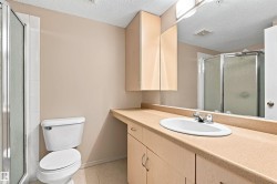 Spacious vanity with an integrated sink and chrome faucet, ample under-counter storage, full-width mirror, and a glass-enclosed shower - 