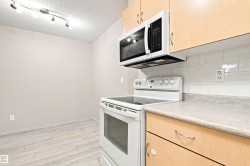 Light wood-finish cabinetry, white subway tile backsplash, light wood-finish flooring, and track lighting - 