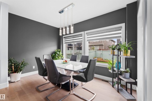 Wood-finish flooring, white trim, and dark accent walls - 16327 17 Avenue Sw, Edmonton, AB 