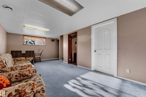 Recessed lighting, drop ceiling, wall-to-wall carpeting, and a four-panel interior door - 3425 48 Street Nw, Edmonton, AB - Indoor Photo Showing Basement