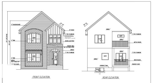 Architectural Drawing. Illustrating the front and rear elevations of the property with various material and measurement specifications - 9736 73 Avenue Nw, Edmonton, AB - Other