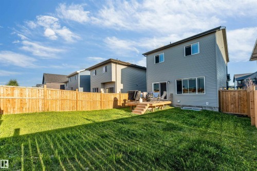 Expansive lawn with a full wooden privacy fence, a wooden deck with stairs, and multiple rear windows - 3236 Chernowski Way Sw, Edmonton, AB - Outdoor