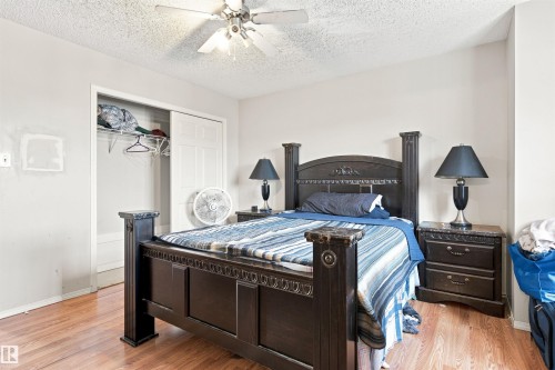 Wood-finish flooring with a ceiling fan and overhead lighting - 204 84 Street Sw, Edmonton, AB - Indoor Photo Showing Bedroom