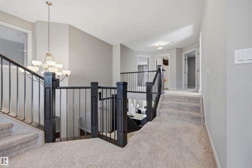 Carpeted landing featuring dark wood newel posts and metal balusters - 2043 Cameron Ravine Way Nw, Edmonton, AB - Indoor Photo Showing Other Room