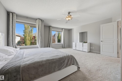 Recessed windows with neutral drapes, ceiling fan with light fixture, light gray wall paint, and plush carpet flooring - 2043 Cameron Ravine Way Nw, Edmonton, AB - Indoor Photo Showing Bedroom
