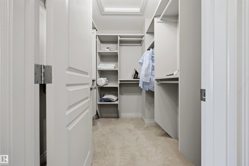 Spacious walk-in closet with built-in shelving, hanging rods, and carpet flooring - 2043 Cameron Ravine Way Nw, Edmonton, AB - Indoor With Storage