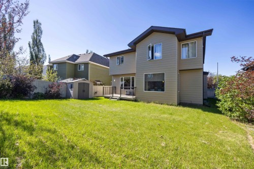 Expansive lawn, multi-level siding exterior, rear deck with dark railings, multiple windows providing ample natural light, and a detached storage shed - 2043 Cameron Ravine Way Nw, Edmonton, AB - Outdoor With Exterior