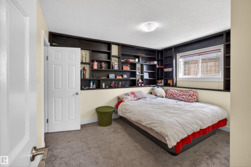 Built-in shelving unit, carpeted flooring, window with blinds, paneled interior door, and a flush mount light fixture - 9007 169 Avenue Nw, Edmonton, AB - Indoor Photo Showing Bedroom