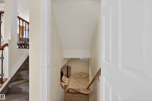 Carpeted staircase with wrought iron and wood handrails, flanked by a paneled interior door and a decorative fluted wall column - 9007 169 Avenue Nw, Edmonton, AB - Indoor Photo Showing Other Room
