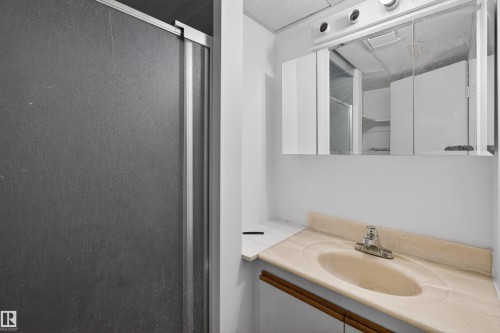 Frosted shower enclosure with a sliding door, vanity with an integrated sink, wall-mounted mirror cabinet, and overhead lighting fixture - 9007 169 Avenue Nw, Edmonton, AB - Indoor Photo Showing Bathroom