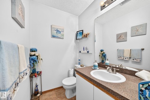 White oval undermount sink set into a brown speckled countertop with a chrome faucet - 13069 37 Street Nw, Edmonton, AB - Indoor Photo Showing Bathroom