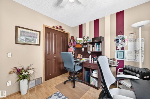 Wood-finish flooring, two-panel bifold closet doors, and striped accent wall - 13069 37 Street Nw, Edmonton, AB - Indoor