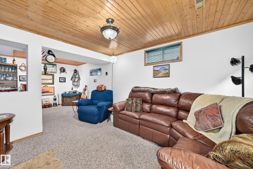 Wood-paneled ceiling with a central ceiling light fixture - 13069 37 Street Nw, Edmonton, AB - Indoor