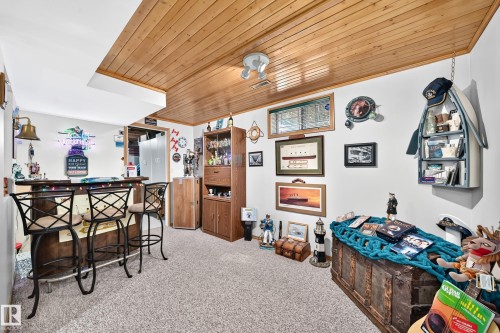 Wood-paneled ceiling, built-in bar, wood cabinetry, and neutral carpeting - 13069 37 Street Nw, Edmonton, AB - Indoor