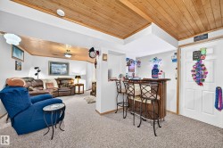 Wood-plank ceiling, white walls, and neutral-toned carpeting - 